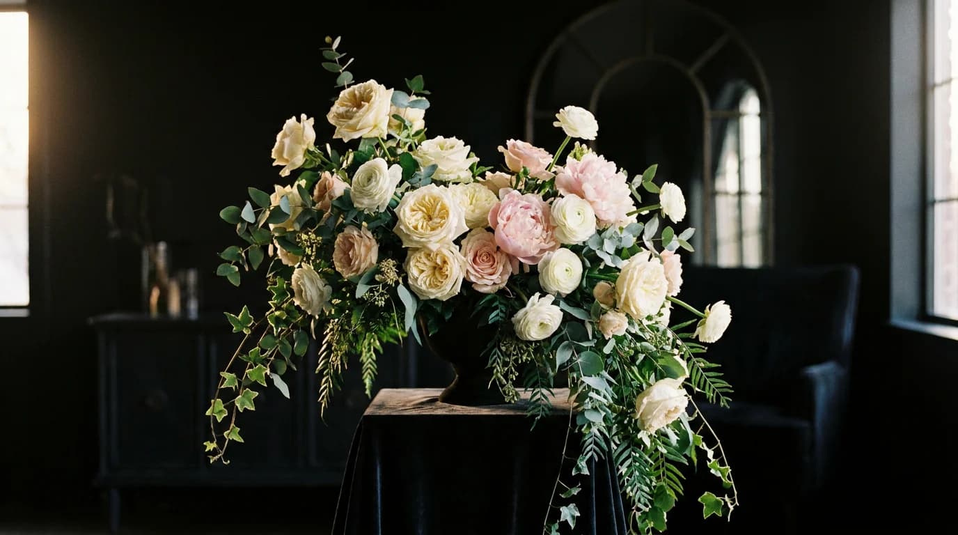 Cascading floral arch installation by Diva Flowers