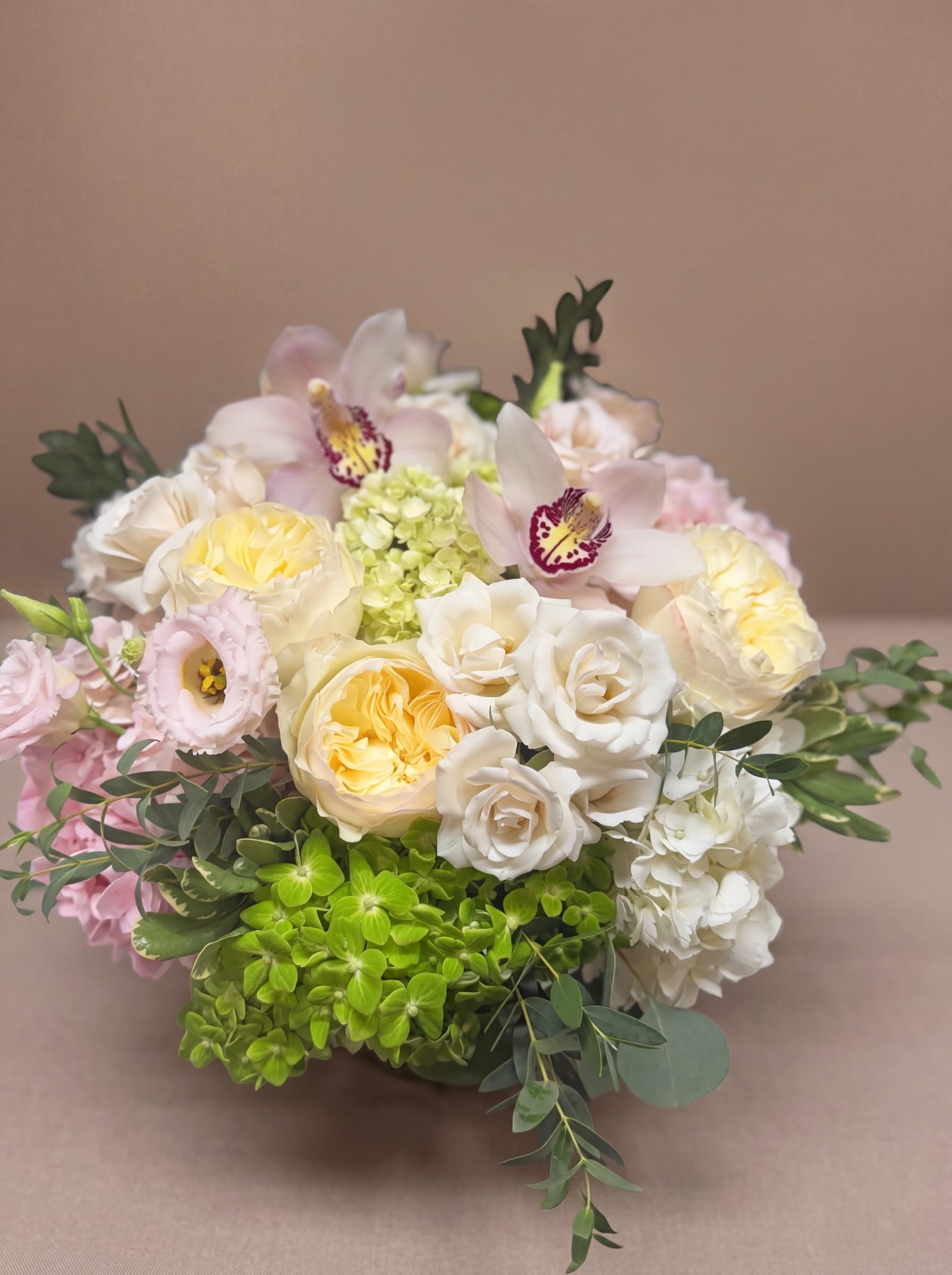 Arreglo bajo de rosas de jardín crema, orquídeas cymbidium blush y hortensia verde en cuenco de vidrio