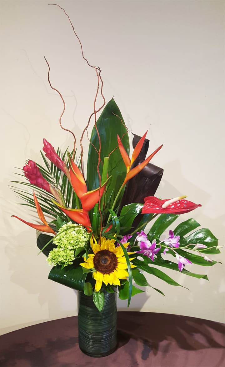 Paradise Found tropical arrangement with birds of paradise