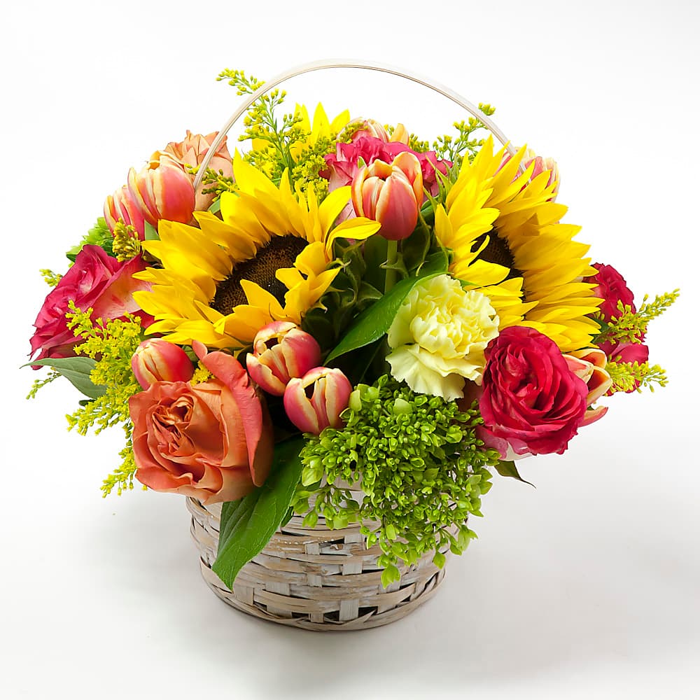 Sunshine Basket of sunflowers, daisies, and yellow roses