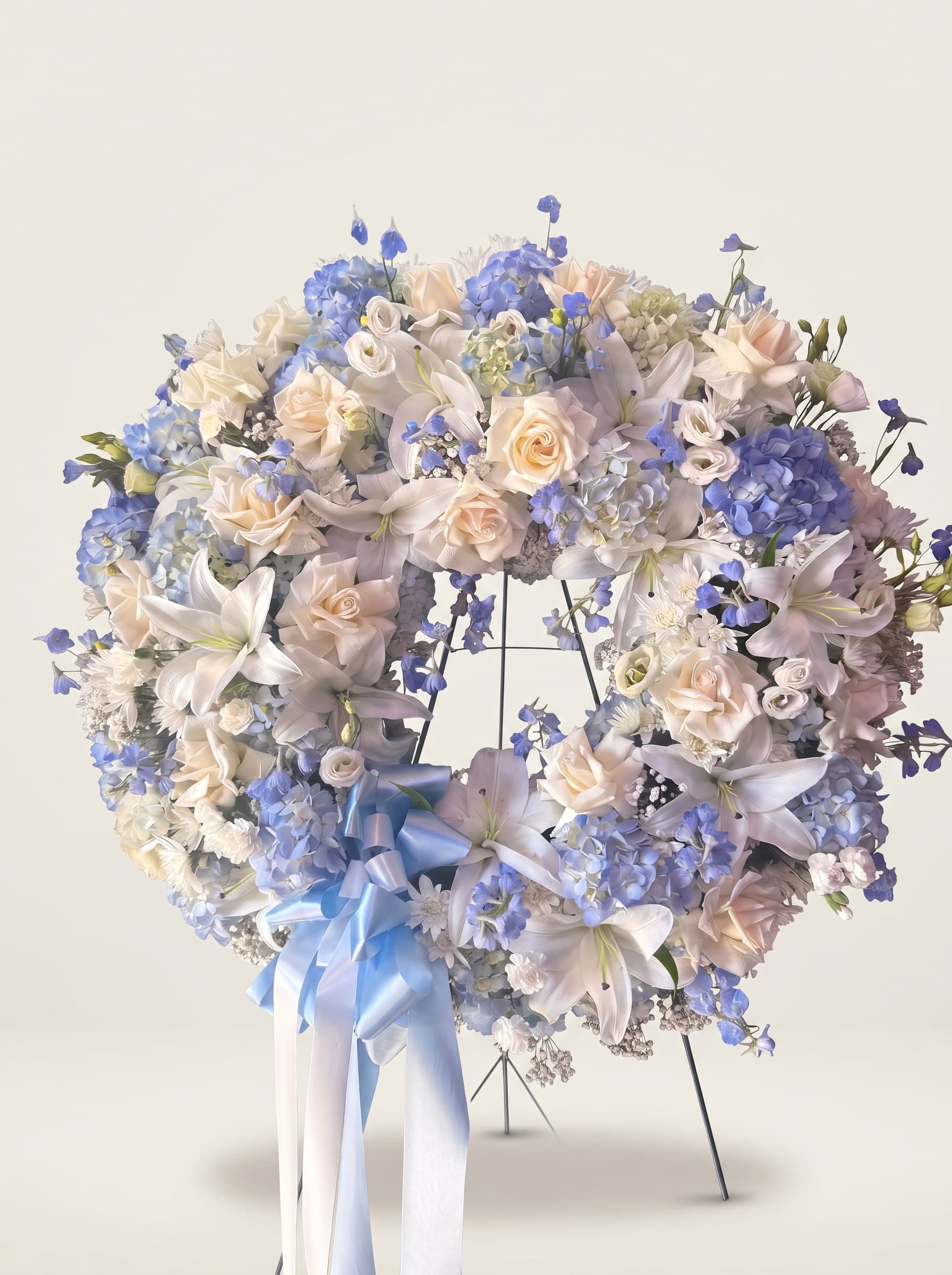 Standing funeral wreath of white roses, lilies, and blue hydrangea with sky-blue ribbons on an easel