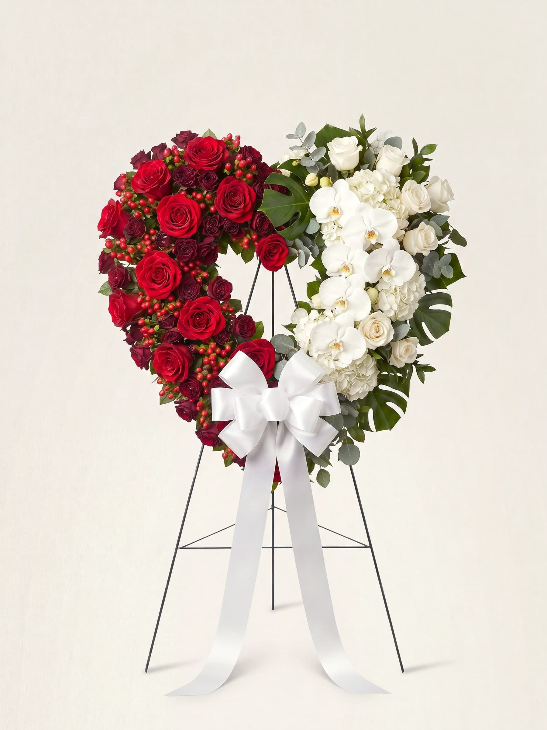 Open funeral heart with a half of red roses and a half of white orchids and roses, with a white bow on an easel