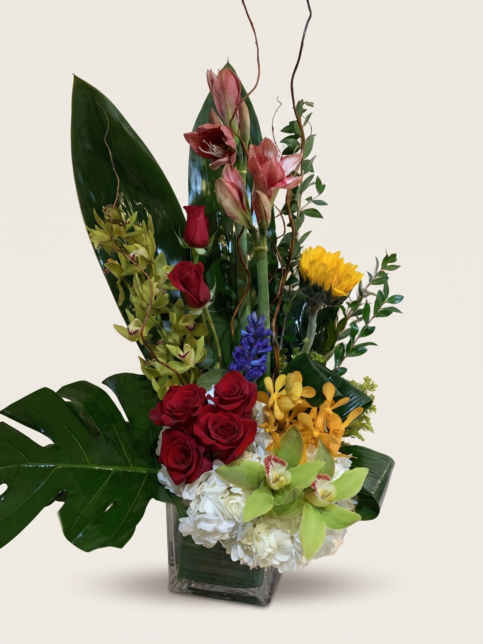 Amaryllis rojo y blanco con orquídeas cymbidium verdes, un girasol y rosas rojas en cubo de vidrio