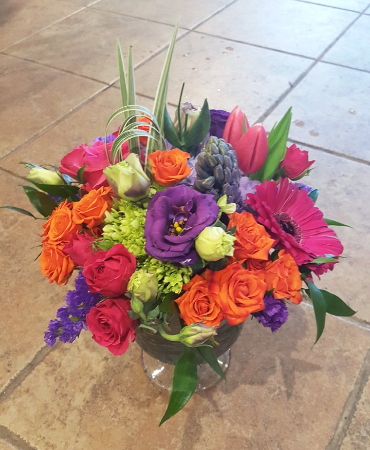 Vibrant Vibes bold bouquet with fuchsia roses and orange ranunculus